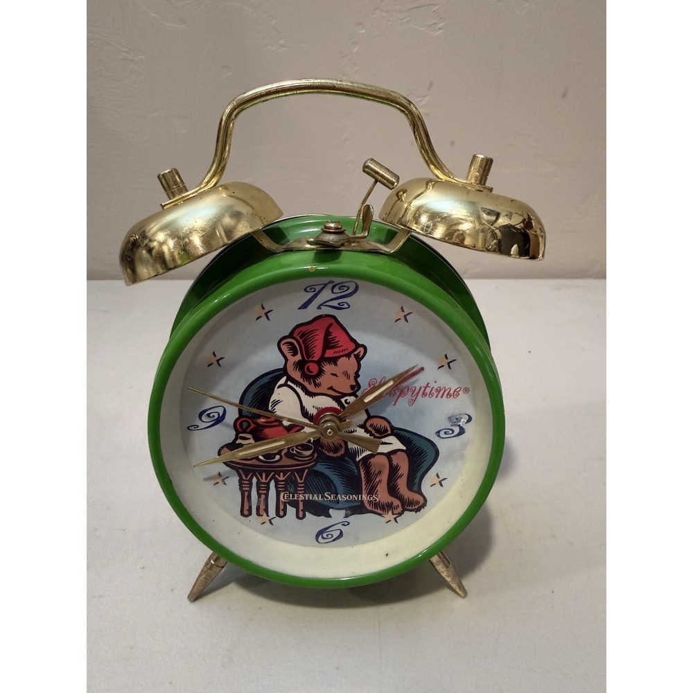 Vintage Celestial Seasonings Sleepytime Bear Green Twin Bell Alarm Clock Wind Up